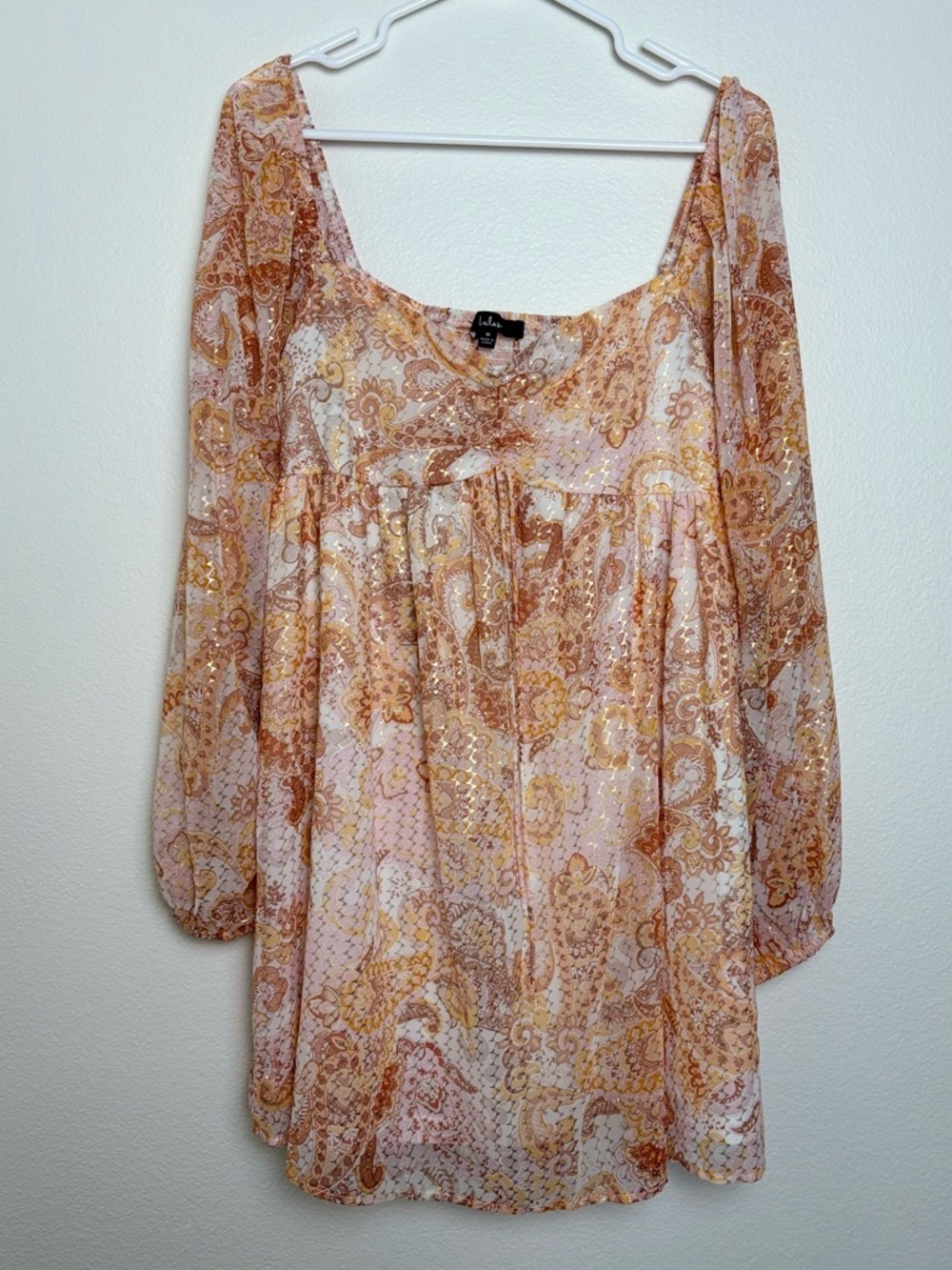 Lulu's Pink and Gold Paisley Long Sleeve Peasant Dress Size Medium